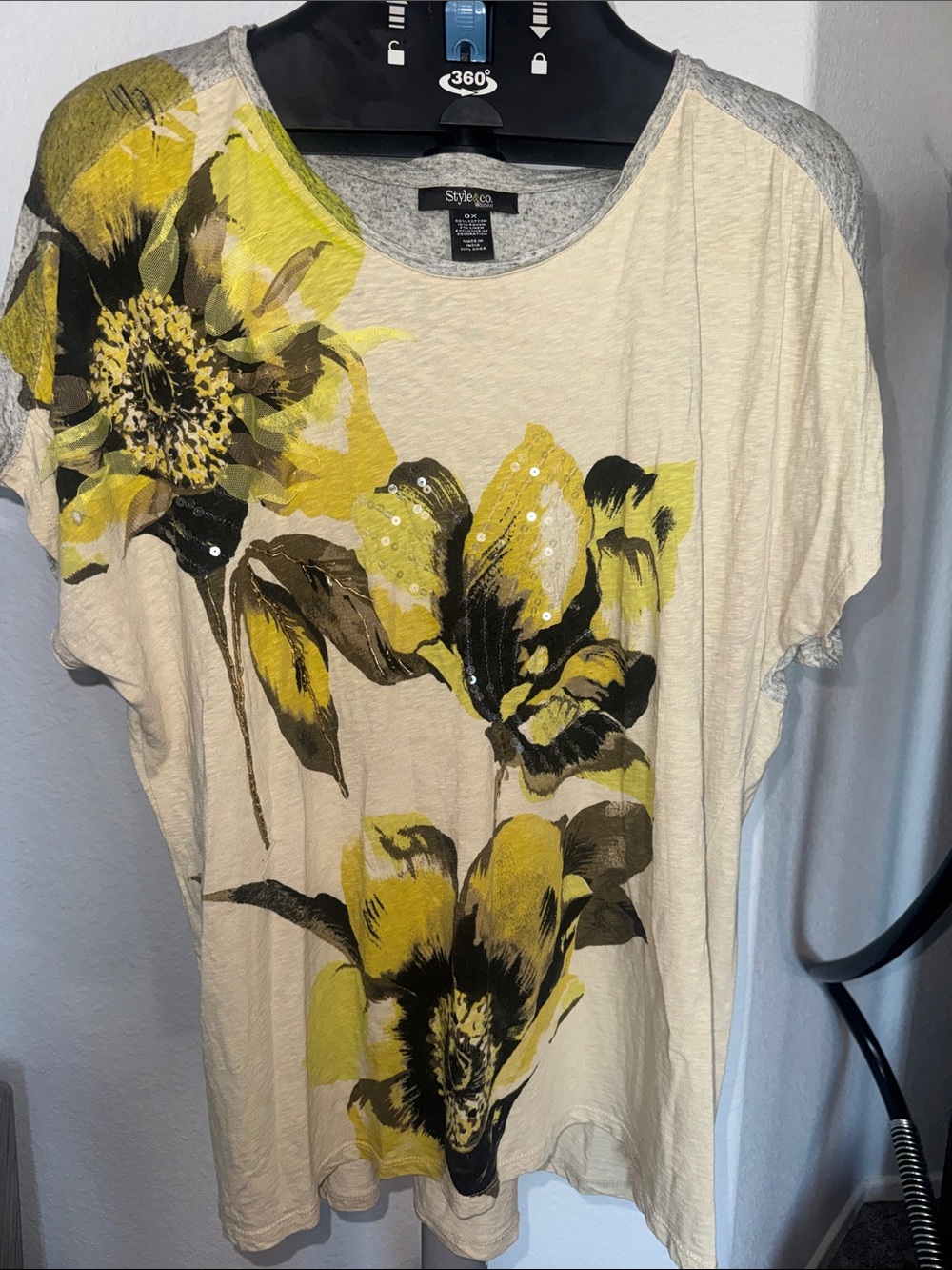 Style & Co. Cream Short-Sleeve Tee with Yellow and Black Floral Accents